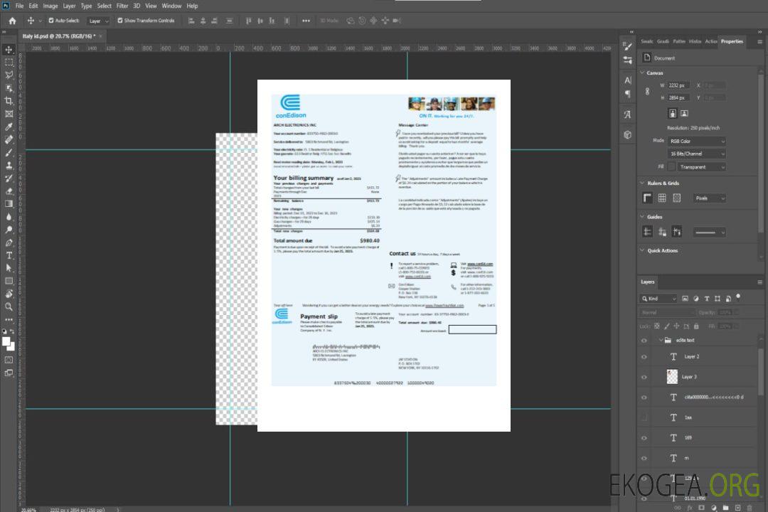 Facture commerciale du service public d'électricité Con Edison SCR template